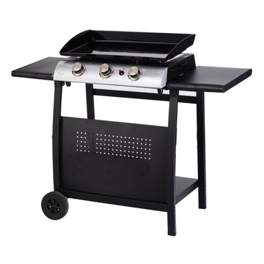 Gas BBQ 3 Burner Plancha in Stainless Steel with Stand and Side Tables