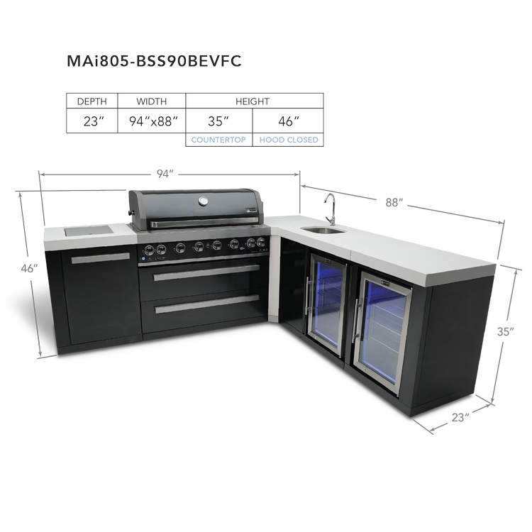 Mont Alpi 805 Black Stainless Steel Island - 90-Degree Corner, Beverage Center & Fridge Cabinet MAi805-BSS90BEVFC