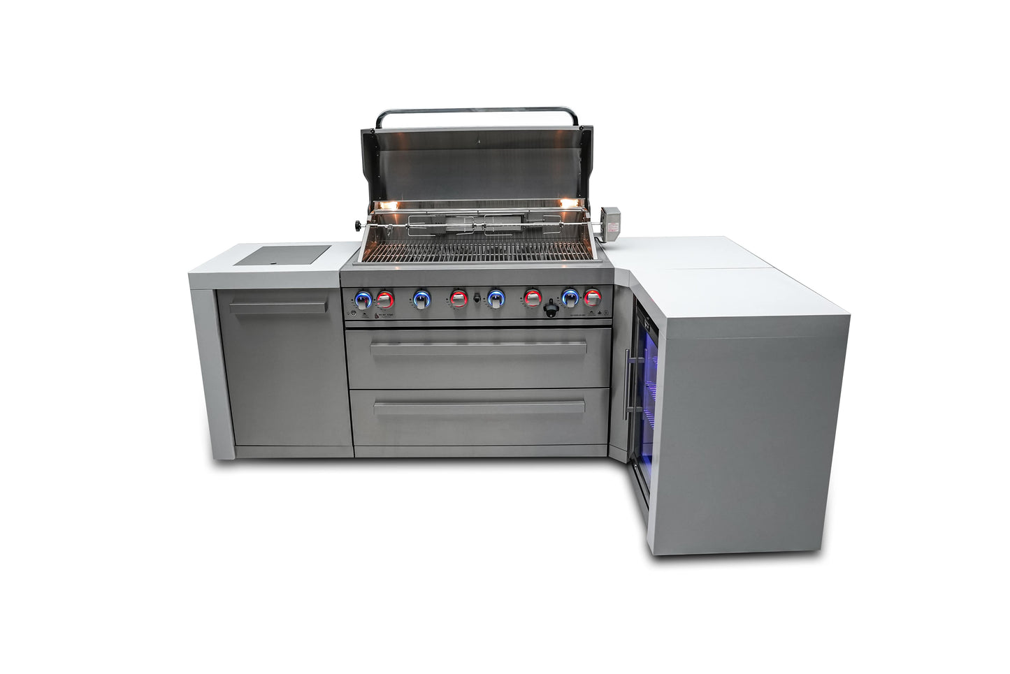 Mont Alpi 805 Deluxe Stainless Steel Island Grill with Fridge Cabinet, 90 Degree Corner, 6-Burner, Infrared Burners - MAi805-D90FC