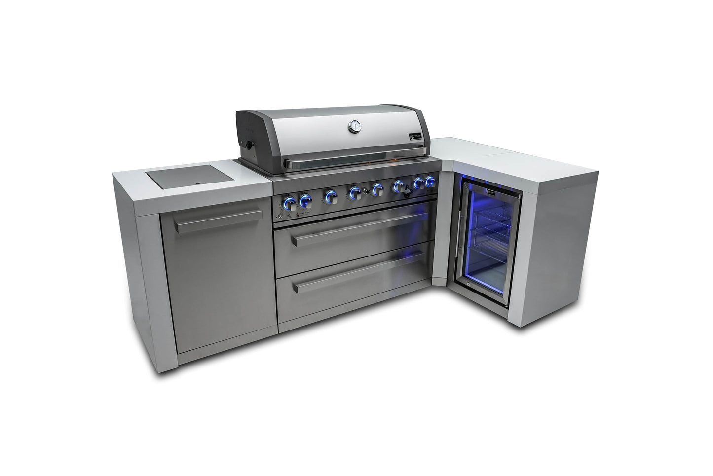 Mont Alpi 805 Deluxe Stainless Steel Island Grill with Fridge Cabinet, 90 Degree Corner, 6-Burner, Infrared Burners - MAi805-D90FC
