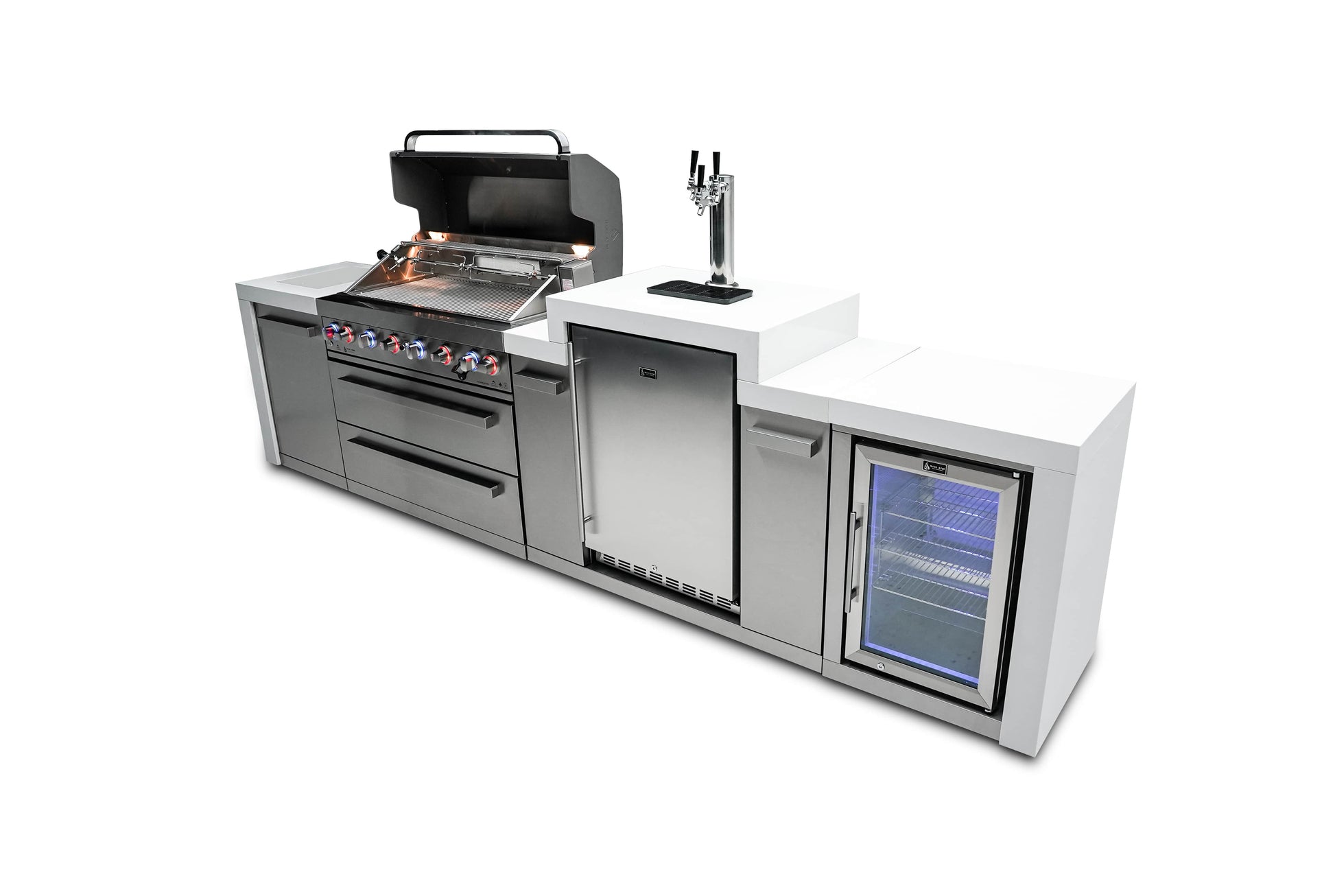 Mont Alpi Deluxe Island with 6-Burner Grill, Kegerator, Fridge Cabinet, and Infrared Burners 
