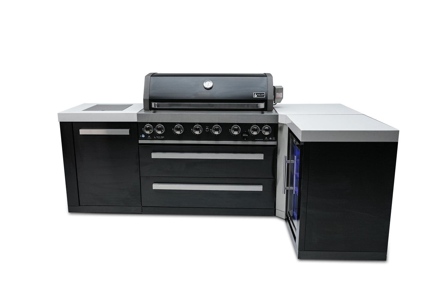 Mont Alpi 805 Deluxe Propane Gas Island Grill - Black Stainless Steel with Refrigerator Cabinet MAi805-BSS90FC