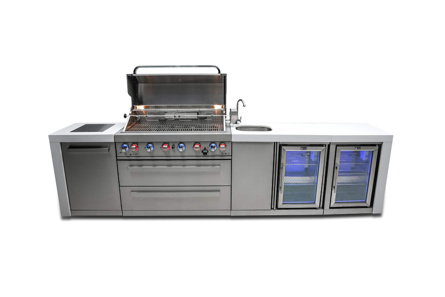 Mont Alpi Deluxe Island Grill with Beverage Centre, Refrigerator Cabinet, Infrared Side Burner, and Rotisserie Kit - MAi805-DBEVFC