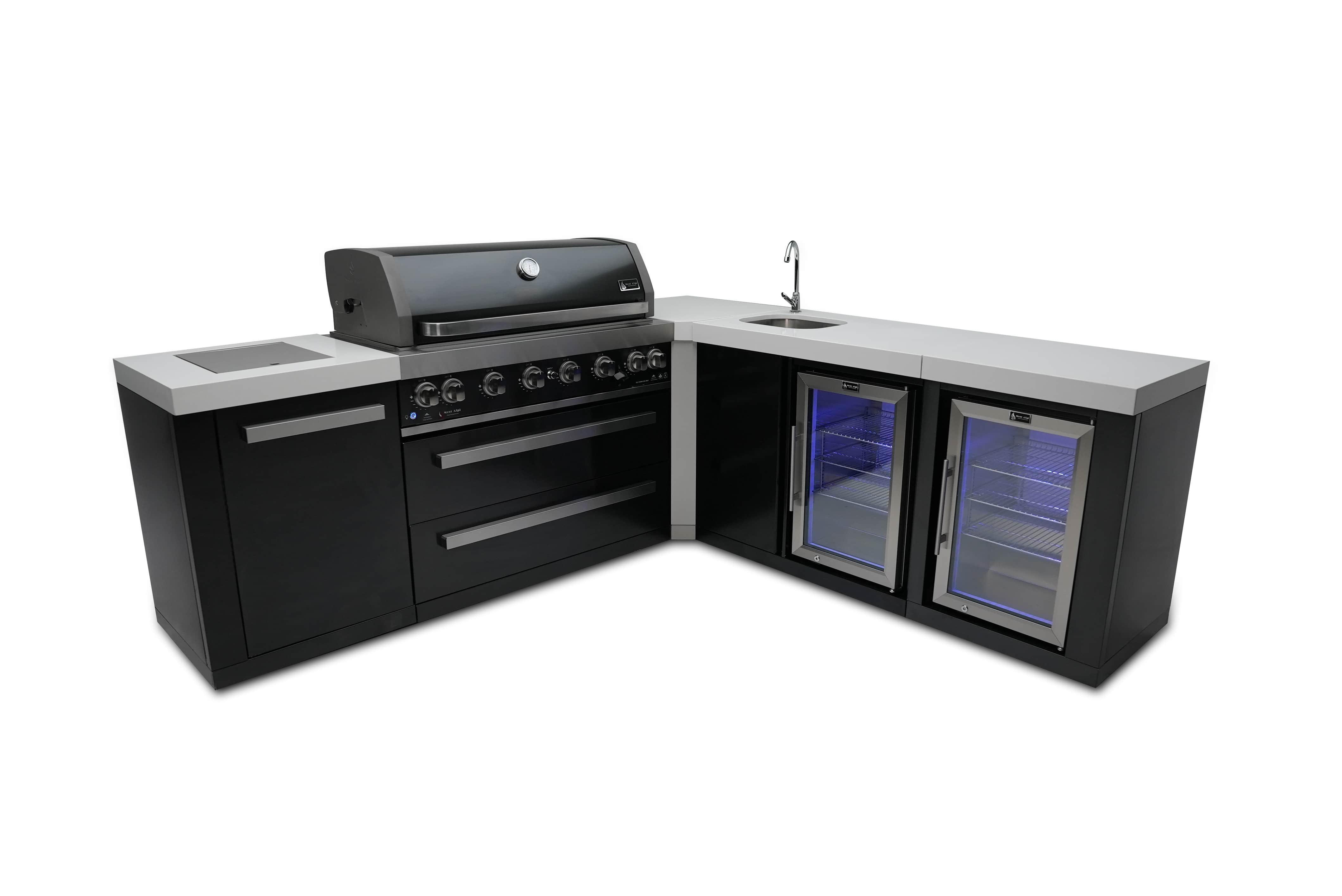 Mont Alpi 805 Black Stainless Steel Island - 90-Degree Corner, Beverage Center & Fridge Cabinet MAi805-BSS90BEVFC